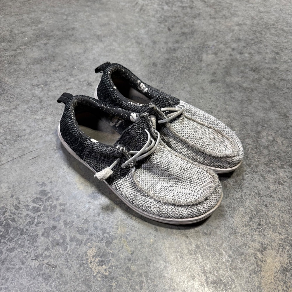 Hey Dude Wally Youth Tri Shoes Kids 6 Grey Newspaper Loafers Slip On Casual